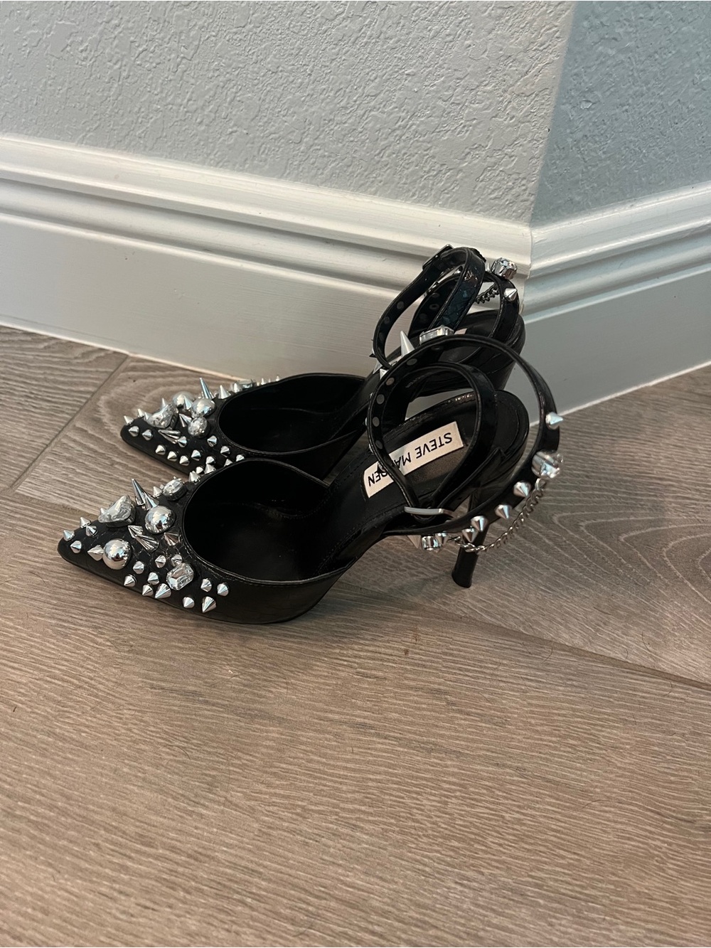 Steve Madden Black Pointed Toe Spike & Crystal Ankle-Strap Heels - Picture 2 of 4